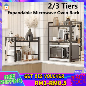 【Malaysia Spot Sale】Expandable Microwave Oven Rack Height Adjustable Carbon Steel Microwave Shelf Foldable Kitchen Counter Organizer for Toaster Towels 2/3 Tiers with 6 Hooks 25kg Load Bearing
