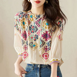 High-end Summer New Elegant Design Small Crowd Print Belly Covering Chiffon Shirt