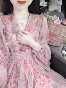 Floral Print Chiffon Long Sleeve Fitted Womens Dress