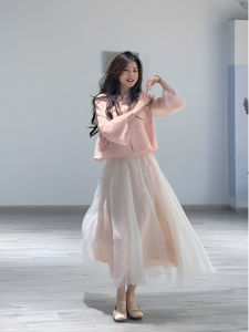 Summer New Chinese Style Hanfu Shirt Top Women + Vivacious Anti-Aging Mesh Half Skirt Two-Piece Set Fashionable Ensemble