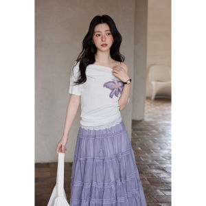 seemon | Unique Slim Fit Off-the-Shoulder Asymmetric Short Sleeve Knit Top