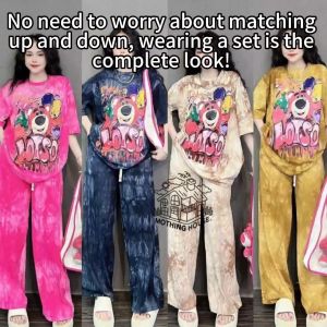 Casual Sets Terno for Women Korean Summer Cartoon Letter Teddy Bear Loose T-shirt and Long Pants Set
