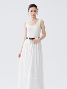 Elegant White Sleeveless Summer Dress Adjustable Waist Large Skirt With Belt