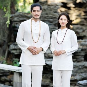 ชุดโยคะผ้าฝ้ายลินินหลวมสำหรับผู้ชาย KSUA ชุดสูทฤดูใบไม้ผลิและฤดูร้อน แขนยาว กระดุม 2 ชิ้น ไม่มีแผ่นเสริมหน้าอก กางเกงขายาว