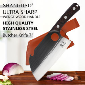 SHANGDAO Hand Forged 7 Inch Deba Knife Cleaver Butcher Knife for Meat Cutting Kitchen Cleaver Knives with Leather Sheath