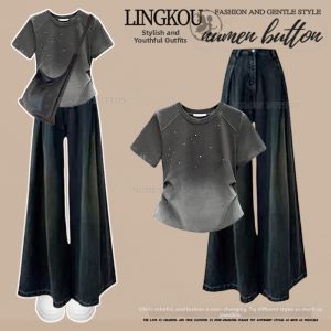 NUMEN BUTTON | Large Size Summer Style Design Gradient Straight Shoulder T-Shirt and High Waist Skinny Jeans Set