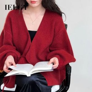 IELGY Lantern Sleeve New Chinese Style V-Neck Lace-Up Waist Cardigan Lazy Jacket for Women