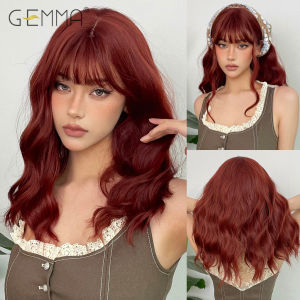 GEMMA Middle Length Red Brown Curly Wig with Bangs Synthetic Cosplay Wavy Natural Hair Wigs for Women Daily Heat Resistant Fibre
