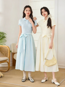SANFU | New Flip Collar Tie Waist Short Sleeve Summer Long Dress