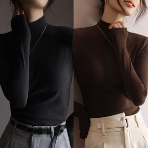 MiiOW | Áo sơ mi nữ cổ cao tay dài ấm áp mùa đông phong cách Hàn Quốc dáng ôm màu trơn chất liệu polyester dài thường