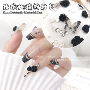 Black Butterfly Camellia Material Kit Rose Pearl Flat Bottom Nail Decorations Jewelry for Manicure And Wearable False Nails