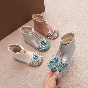 Princess Style Fleece Lined Crystal Booties for Little Girls Short Autumn Winter Shoes Soft Comfortable PU Leather round Toe