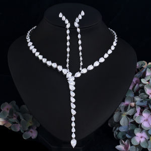 CWWZircons Super Luxury Unique 2PCS Long Dangle Necklace Big Africa Cubic Zirconia Jewlery Set for Women Wedding Brides T713