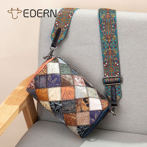 EDERN 2025 New Ethnic Style Shoulder Bag for Women Genuine Leather Cylinder Bag Fashion Versatile Crossbody Bag Patchwork Cowhide Sling Bag