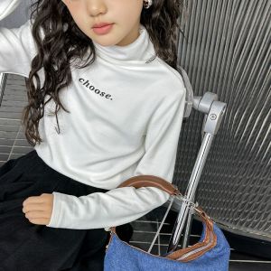 Double-Sided Velvet Letter Print Long Sleeve Base Shirt for Girls Half-High Collar Trendy Inner Wear Casual Polyester Fiber
