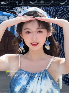 ลมแห่งชาติ Tie-dye ดอกไม้ต่างหูยาวพู่ Bohemian ผู้หญิง แฟชั่นเครื่องประดับสไตล์จีนวินเทจสดอบอุปกรณ์เสริม