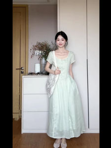 Elegant Mint Green Lace Trim Short Sleeve Womens Dress Summer Waist Cinching A-Line Long Dress Knot Design U-Neckline Solid Color