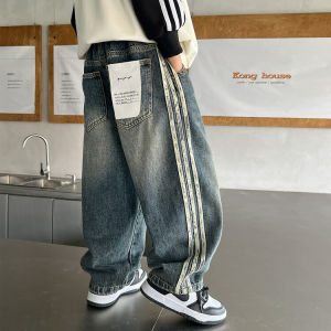 Boys Casual Mid-Waist Long Jeans Autumn Winter New Style Fleece Lined Loose Straight Leg Trousers Fashionable Childrens Clothing