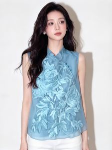 SHUAIYUE | Áo Gile Trung Quốc Không T Tay Cổ Tròn Thêu Xanh