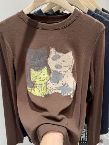 Áo Thun Dài Tay Cổ Tròn in Hình Mèo Dễ Thương Thời Trang Xuân Thu Mới Cho Nữ Áo Thun Cotton Thường Ngày Chống Gió