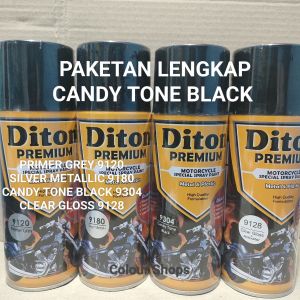 Pilok Cat Diton Premium Paket Lengkap 4 kaleng Candy Black Candi Tone Hitam 9304 Primer Grey Epoxy 9120 Silver Metalic 9180 Clear Glossy 9128 400cc Pilox Paketan Cat Semprot Special Spray Paint