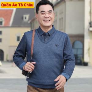 Áo len nam trung niên lót lông nhung LOGO thêu cao cấp - Tặng bố - 4 màu kẻ nổi bật - Menswear
