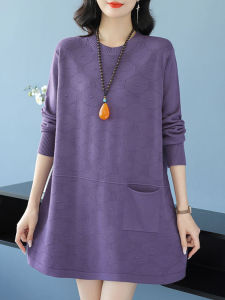 เสื้อสเวตเตอร์ถักผู้หญิงฤดูใบไม้ร่วง/ฤดูหนาว เสื้อชั้นในยาวปานกลาง ทรงหลวม ขนาดใหญ่ มีกระเป๋า ผ้าขนสัตว์ อบอุ่น สวมใส่สบาย