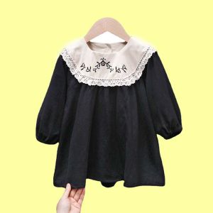 Spring Autumn Kids Baby Girls Long Sleeve Sweet Embroidery Flower Princess Dress New Black Girl Dress Children Clothes Dresses