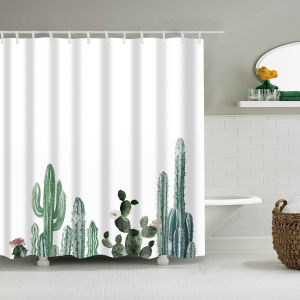Nordic Cactus Polyester Bath Curtain Waterproof Mold Proof Partition Decorative Painting Blue Field Bathroom Decorative Curtains
