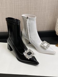 เรียบหรู สไตล์ฝรั่งเศส รองเท้าบูทสั้น ผู้หญิง รองเท้าส้นสูง Water Diamond Buckle ยืด Bootie Pointed Toe สลิมฟิต สีดำ ฤดูใบไม้ผลิ ฤดูใบไม้ร่วง
