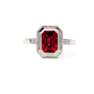 แหวนสปิเนล พม่า ประดับด้วยเพชร ตัวเรือนทอง 14K White Gold Victorian Style Solitaire Engagement Ring with Natural Vivid Red Burmese Spinel and Natural Diamond - R24043