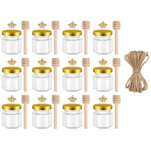 12/24/36/48Pcs-Mini Glass Honey Jar Set Glass Sealed Jars 1.5 oz Hexagonal Jars with Wooden Spoon Lid and Bee Charm Perfect for Wedding and Party Favors