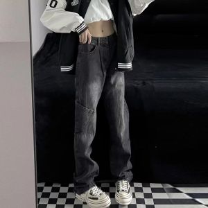 Retro American Style Loose Straight Leg Mens Jeans Casual Black Grey Wide Leg Pants Trendy High Street Fashion Youthwear