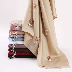 Jifang Solid Rose Flower Rhinestones Pearls Anchor Plain Bubble Satin Imiate Silk Shawl Pashmina Muslim Hijabs Shawls baju raya Tudung WC69