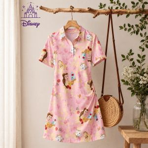 Disney | Beach Dress A-line Anime New Summer Dresses for Woman Womens Disney Princess Print Polo Collar Mini Dress Fashion Short Sleeve