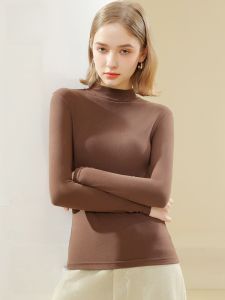 MiiOW | เสื้อเชิ้ตคอสูงครึ่งตัวสำหรับผู้หญิง แขนยาว ทรงสลิมฟิต อบอุ่น ฤดูใบไม้ร่วง/ฤดูหนาว เสื้อชั้นในสีน้ำตาล เสื้อผ้าทำงาน