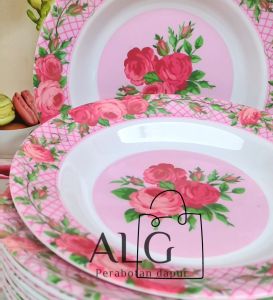 12Pcs Gratis sndok Piring melamine cekung bulat kembang pink terbaru foodgrde