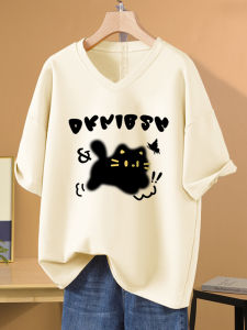 Loose V-neck Short Sleeve T-shirt Womens Summer Fashion plus Size Cotton Casual Top Belly Concealing Korean Style Tee