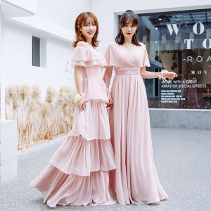 Pink Long Maids of Honor Dress Slimming Korean Style Wedding Gown for Women Sister Group Ceremony Long Skirt Princess Sleeve
