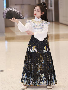 New Chinese Style Spring Autumn Girls Cheongsam Set Black Cotton Lining Polyester Fiber Traditional Hanfu Childrens Costume