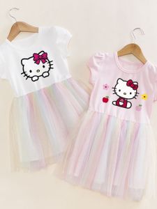 Kitty Cat Princess Summer Dress for Girls Rainbow Pattern Cotton Polyester Blend Kids Clothing Princess Skirt Childrens Dress