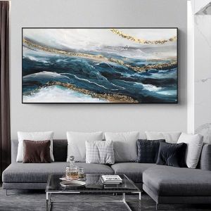 lukisan blue gold ocean abstrak lukisan modern teksture hiasan dinding modern aesthetic