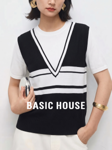 Basic House | Black V-neck Fake Two-Piece Summer Knitted Top for Women