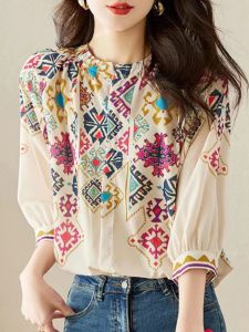 High-end Summer New Elegant Design Small Crowd Print Belly Covering Chiffon Shirt