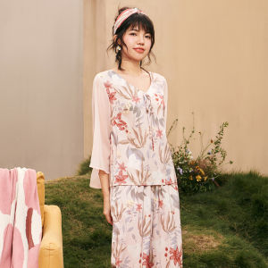 Bộ đồ ngủ LUNILAI chiffon màu hồng dài tay quần dài mặc nhà