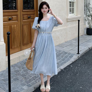 YINLUOYA | French Style Bubble Sleeve Belted Waist Dress Women Pure Innocent First Love Dress A-Line Skirt Short Sleeve Mid-Length Summer