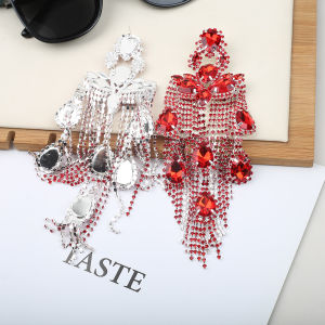 Fashion Exaggerated Water Drop Tassel Earrings Long Heavy Industry Stylish Red Rhinestone Fashion Earrings Female Gold Hairpin Earrings