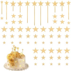 Golden Acrylic Star Shape Cake Toppers Birthday Party Cake Decor Kitchen Baking Tools Decorative Stick Wedding Baby Show Supply