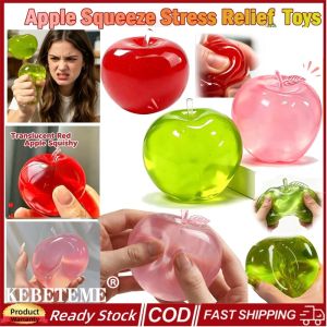 KEBETEME Apple Squeeze Stress Relief Toy Transparent TPR Squishy Ball Anti-Stress Fidget Toy for Kids Office School Daily Use (Red/Green/Pink) Ready Stock