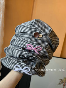 Retro Japanese Plaid Bow Tie Cuffed Hat Womens Casual Spring Autumn Small Face Reporter Cap Artist Hat Trendy Knitted Hat